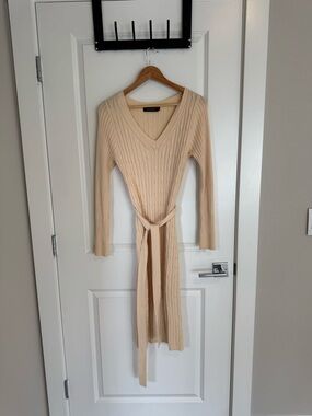 Beige Cable Knit V-Neck Belted Sweater Dress
